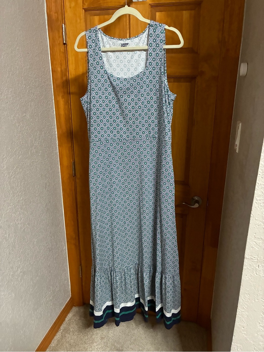 Lands' End Green and Navy Printed Sleeveless Maxi Dress